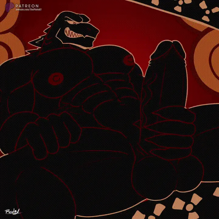 Image nipples,smile,solo,male,penis,big_penis,muscular,muscular_male,smiling_at_viewer,male_only,yaoi,balls,anthro,text,bara,big_balls,masturbation,animated,genitals,muscular_anthro,black_body,reptile,scales,scalie,url,black_scales,lizard,godzilla_(series),kaiju,godzilla,hercules_(disney),zeuszilla,thepluto