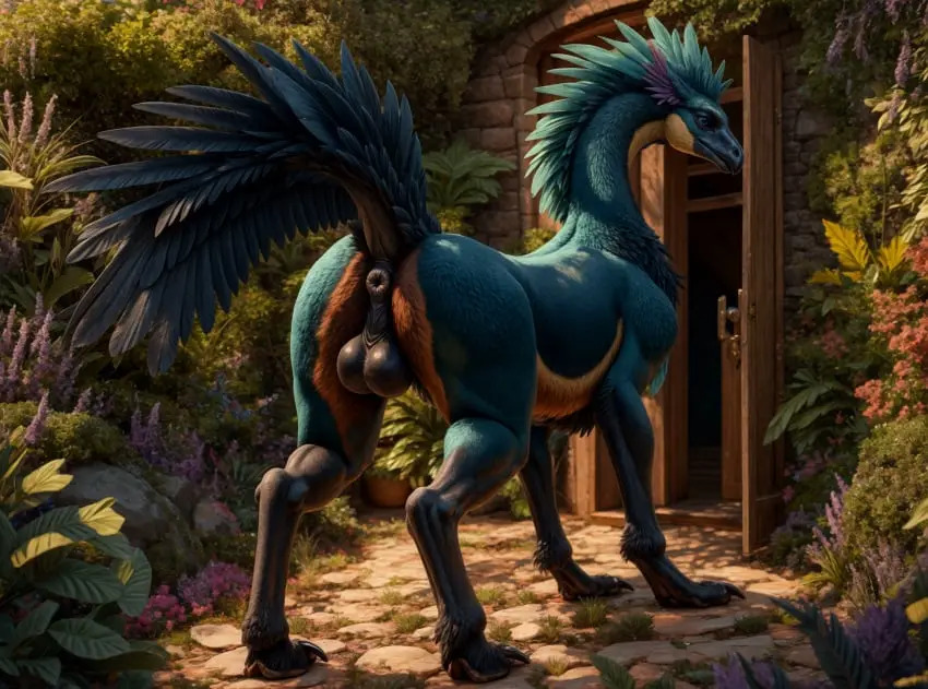 Image hi_res,looking_at_viewer,solo,blue_eyes,male,ass,looking_back,ai_generated,balls,feathers,tan_body,anus,slim,presenting,big_balls,realistic,fur,genitals,multicolored_body,multicolored_fur,claws,black_body,flower,detailed,glistening,glistening_genitalia,blue_body,long_neck,purple_body,outside,presenting_hindquarters,avian,beak,blue_fur,plant,hybrid,dragon,tan_fur,detailed_background,raised_tail,looking_back_at_viewer,feral,day,sunlight,perineum,light,black_fur,black_claws,puffy_anus,tail_feathers,head_crest,blue_feathers,talons,lighting,black_anus,doorway,blp,detailed_fur,shrub,black_balls,black_perineum,black_beak,feathered_crest,purple_feathers,cobblestone,long_claws