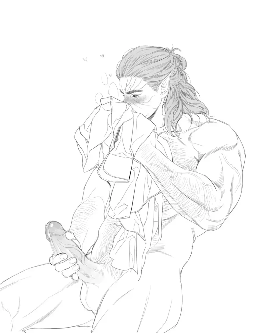 Image highres,solo,1boy,absurdres,male,nude,penis,uncensored,erection,muscular,muscular_male,male_only,yaoi,sitting,pointy_ears,medium_hair,bara,monochrome,thick_eyebrows,male_focus,solo_male,boner,pectorals,hairy,arm_hair,navel_hair,greyscale,mature_male,baldur's_gate_3,baldur's_gate,chest_hair,leg_hair,smelling,implied_yaoi,dungeons_&_dragons,bubujelra,halsin,smelling_clothes
