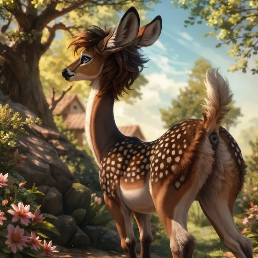 Image hi_res,solo,standing,blue_eyes,ass,ai_generated,hair,tan_body,anus,brown_hair,ambiguous_gender,realistic,fur,mammal,multicolored_body,multicolored_fur,big_eyes,flower,detailed,black_nose,glistening,long_neck,white_body,outside,tree,big_ears,brown_fur,deer,plant,tuft,tan_fur,brown_body,detailed_background,raised_tail,white_fur,short_tail,feral,day,sunlight,light,spots,spotted_body,spotted_fur,inner_ear_fluff,ears_back,pivoted_ears,three-quarter_view,scut_tail,lighting,black_anus,building,glistening_eyes,blp,detailed_fur,cervid,house