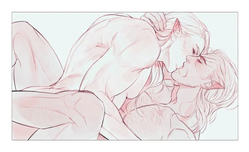 Image highres,male,muscular,muscular_male,2boys,yaoi,elf,pointy_ears,couple,happy_sex,gay,gay_sex,medium_hair,bara,monochrome,multiple_boys,thick_eyebrows,from_side,kissing,male_focus,pectorals,missionary,large_pectorals,mature_male,baldur's_gate_3,tav_(baldur's_gate),baldur's_gate,profile,pink_theme,dungeons_&_dragons,bubujelra,halsin