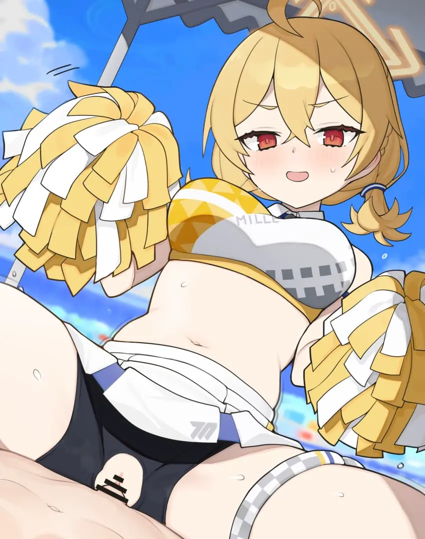 Image 1girls,breasts,female,highres,large_breasts,light-skinned_female,light_skin,open_mouth,red_eyes,smile,1boy,absurdres,male,navel,penis,straight,sweat,blue_archive,sex,sky,cowgirl_position,midriff,solo_focus,light-skinned_male,blonde_hair,halo,vaginal_penetration,censored,ahoge,hair_between_eyes,skirt,straddling,bar_censor,stomach,holding,torn_clothes,blue_sky,clothed_sex,crop_top,hands_up,bike_shorts,white_skirt,millennium_science_school_student,yellow_halo,cheerleader,pom_pom_(cheerleading),holding_pom_poms,torn_bike_shorts,engineering_department_(blue_archive),kotori_(blue_archive),eguegu,kotori_(cheer_squad)_(blue_archive)