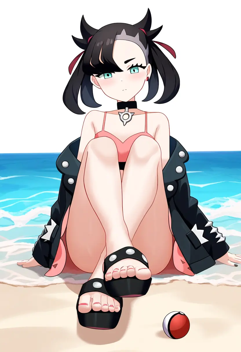 Image female,pokemon,choker,bikini,beach,ocean,ai_generated,foot_fetish,nai_diffusion,footwear,sand,sandals,leather_jacket,marnie_(pokemon)
