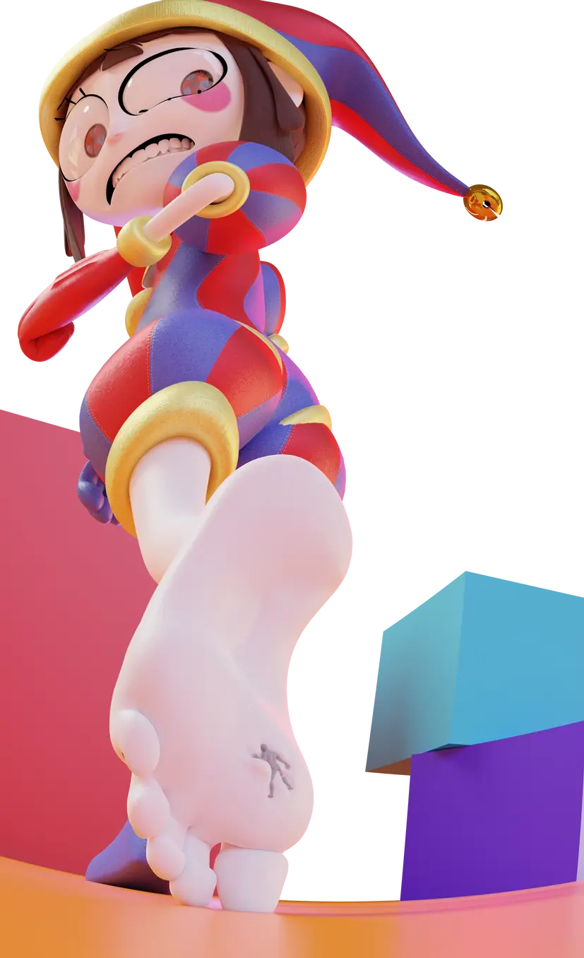 Image blush,female,looking_back,barefoot,feet,foot_fetish,3d,soles,white_body,sfm,toes,giantess,foot_focus,macro,micro,transparent_background,pomni_(the_amazing_digital_circus),the_amazing_digital_circus,gooseworx,stepped_on,jester_hat,worsesfm