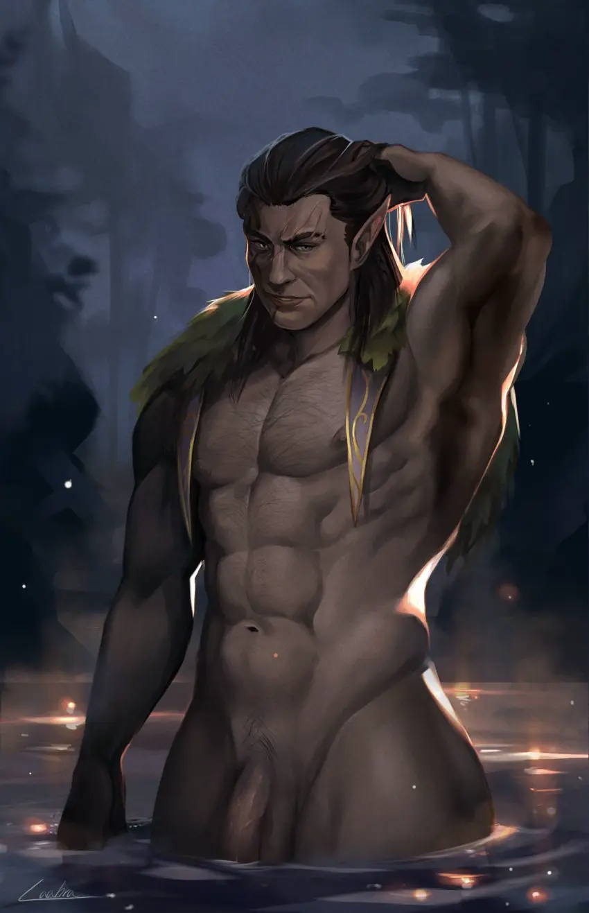 Image highres,looking_at_viewer,nipples,solo,standing,1boy,male,navel,nude,penis,uncensored,muscular,muscular_male,wide_hips,water,male_only,yaoi,elf,pointy_ears,medium_hair,bara,flaccid,thick_eyebrows,stomach,elf_ears,male_focus,solo_male,abs,scar,forest,nature,pectorals,mature_male,baldur's_gate_3,forgotten_realms,baldur's_gate,sparse_chest_hair,lake,wading,elf_male,painting_(artwork),backlighting,dungeons_&_dragons,hand_in_own_hair,halsin,laahra,wrinkled_skin