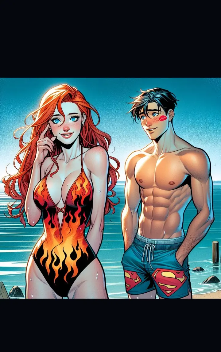 Image 1girls,female,nipples,1boy,male,red_hair,underwear,muscular,muscular_male,beach,ai_generated,lipstick_mark,original_character,biceps,dc,dc_comics,abs,marvel,marvel_comics,blushing,boxers_(clothing),cheating_boyfriend,handsome,stud,angelica_jones,firestar_(marvel),jon-el,jonathan_kent,superboy,superboy_(jonathan_kent),trunks_(clothing)