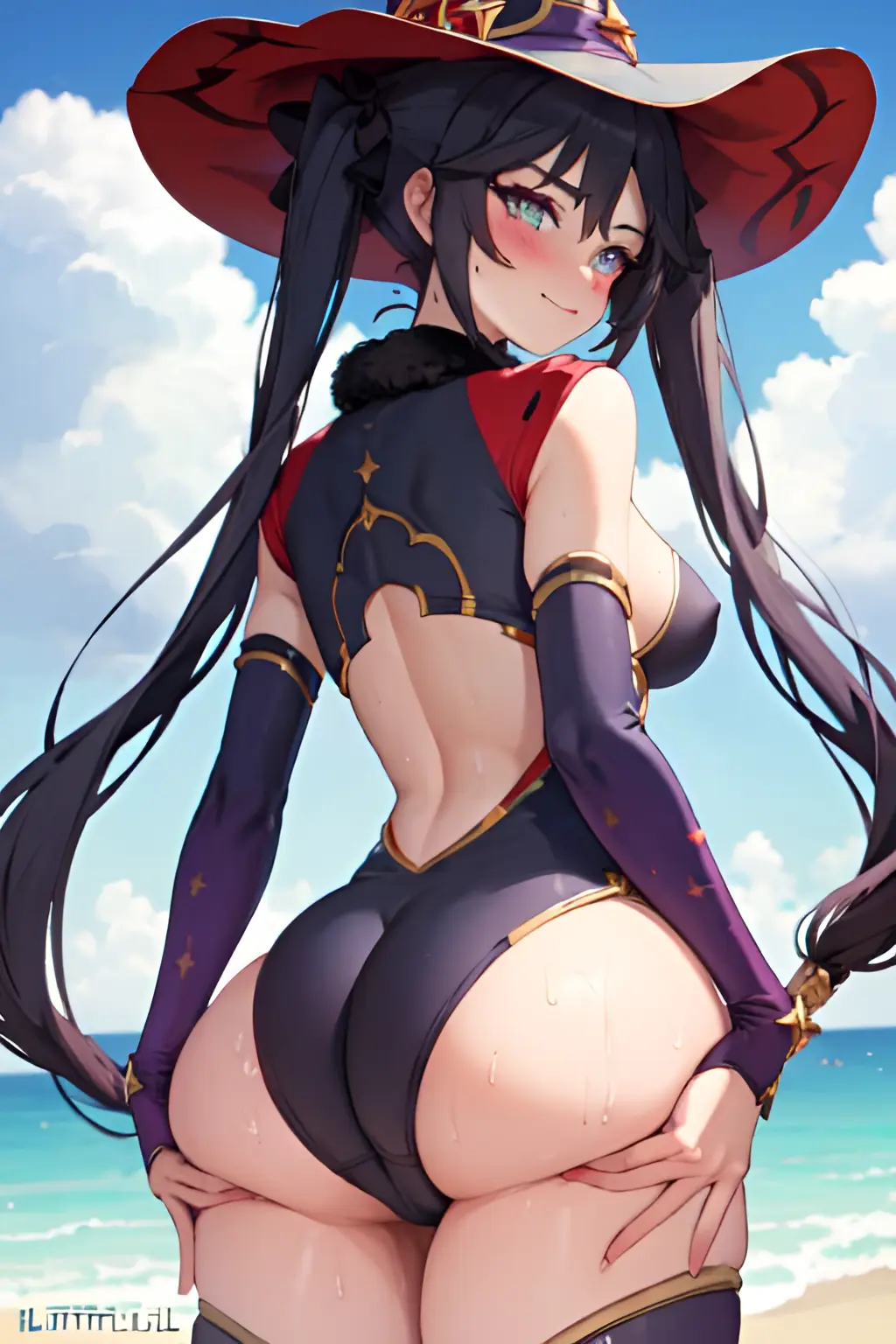 Image 1girls,blush,breasts,female,female_only,solo,huge_ass,beach,ocean,ai_generated,medium_breasts,swimsuit,genshin_impact,tight_clothing,ass_grab,mona_(genshin_impact),wet_body,ass_support,long_gloves,tight_ass,lifting_ass