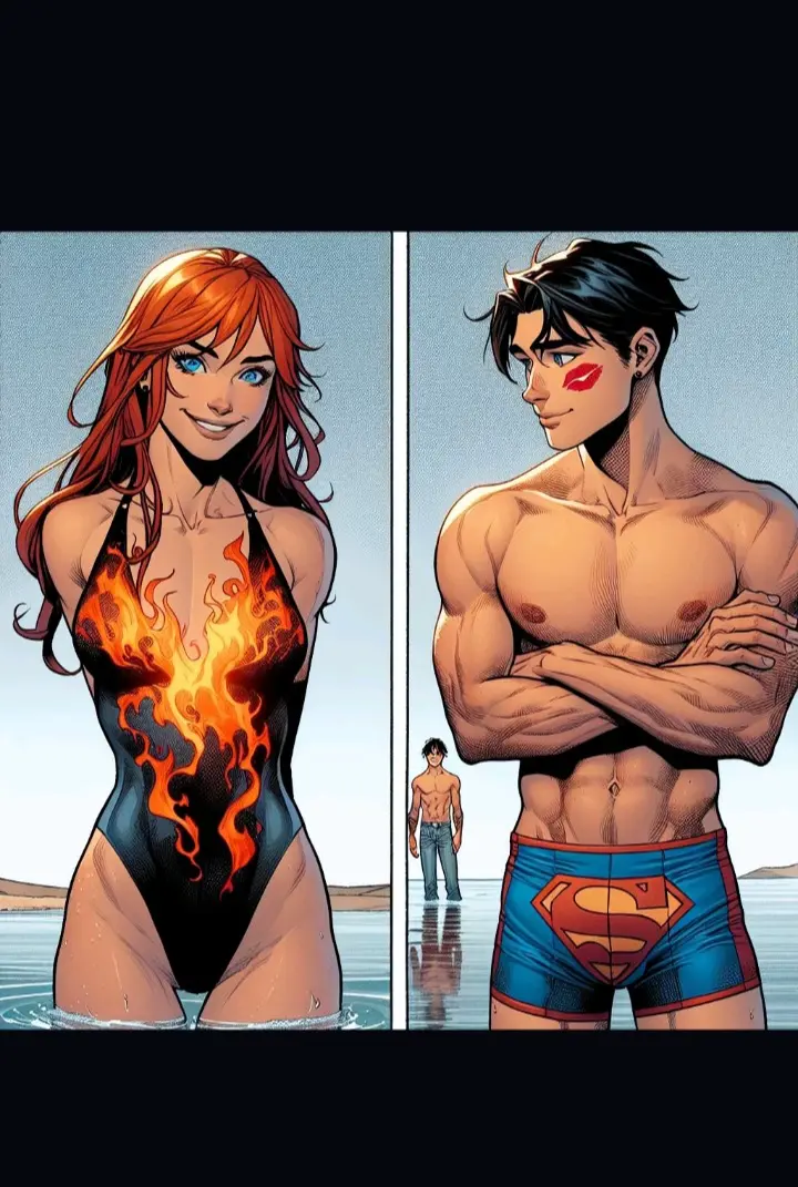 Image 1girls,female,nipples,male,red_hair,muscular,muscular_male,beach,smiling,2boys,ai_generated,lipstick_mark,original_character,underwear_only,biceps,dc,dc_comics,abs,marvel,marvel_comics,boxers,boxers_(clothing),cheating_boyfriend,robin_(dc),shirtless_male,angelica_jones,firestar_(marvel),jon-el,jonathan_kent,superboy,superboy_(jonathan_kent),trunks_(clothing),damian_wayne,robin_(damian_wayne),supersons