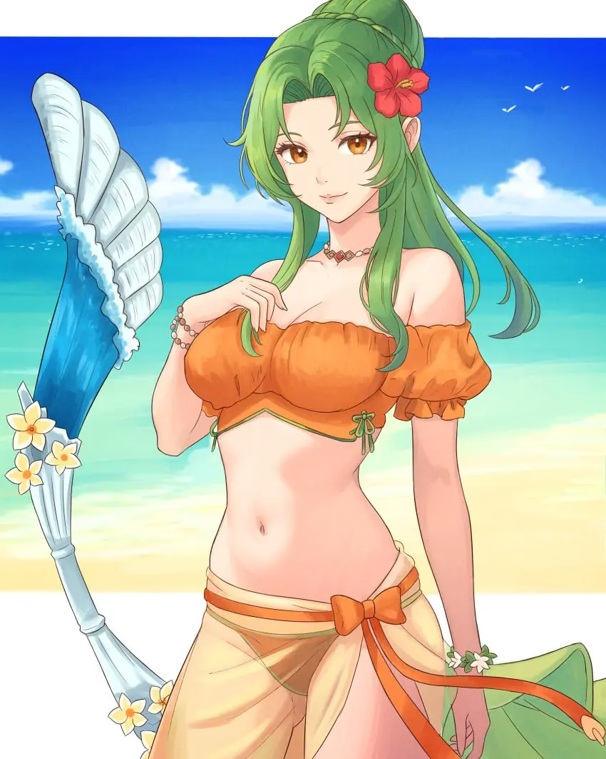 Image 1girls,breasts,cowboy_shot,female,female_only,hair_ornament,highres,looking_at_viewer,smile,solo,standing,absurdres,navel,bikini,thighs,beach,sky,bare_shoulders,cleavage,jewelry,medium_breasts,swimsuit,cloud,necklace,nintendo,green_hair,short_sleeves,off_shoulder,official_alternate_costume,alternate_costume,stomach,flower,hair_flower,red_flower,fire_emblem,fire_emblem_heroes,blue_sky,day,puffy_sleeves,fire_emblem:_radiant_dawn,hand_on_own_chest,sarong,orange_bikini,orange_swimsuit,hibiscus,puffy_short_sleeves,elincia_ridell_crimea,elincia_ridell_crimea_(summer),off-shoulder_bikini,truejekart