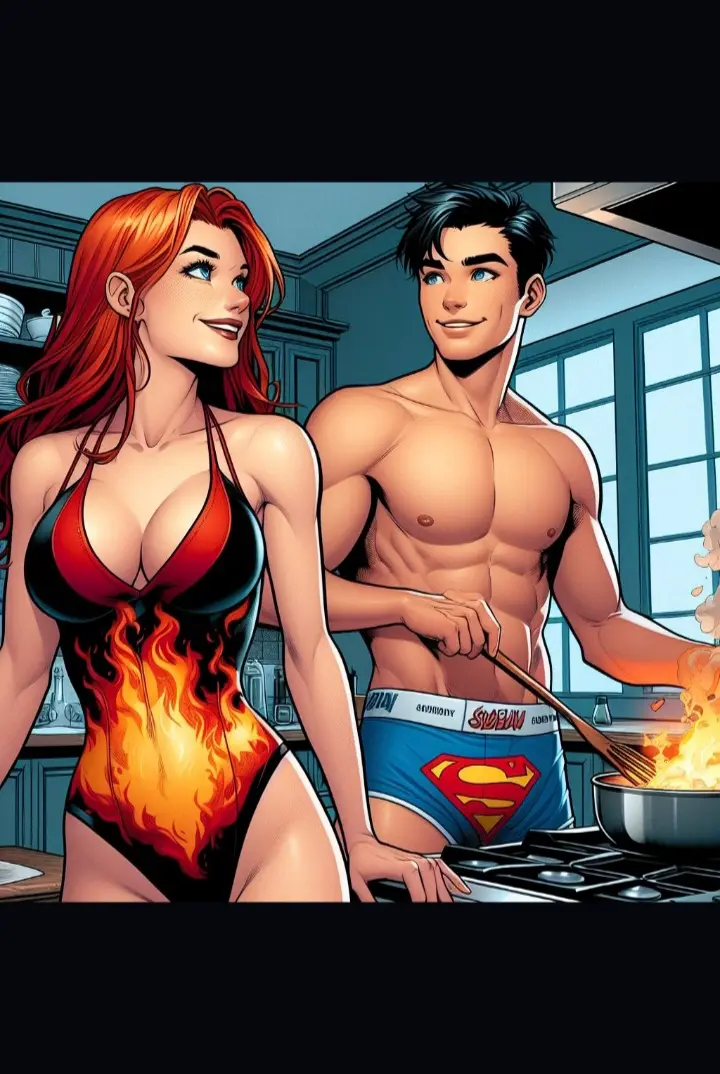 Image 1girls,female,nipples,1boy,male,red_hair,muscular,muscular_male,ai_generated,original_character,after_sex,underwear_only,biceps,dc,dc_comics,abs,kitchen,implied_sex,marvel,marvel_comics,boxer_briefs,boxers_(clothing),cheating_boyfriend,cooking,angelica_jones,firestar_(marvel),jon-el,jonathan_kent,superboy,superboy_(jonathan_kent)