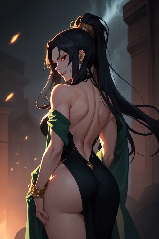 Image female,muscular,ai_generated,revealing_clothes,back_view,muscular_female,muscular_back,evil_grin,robes