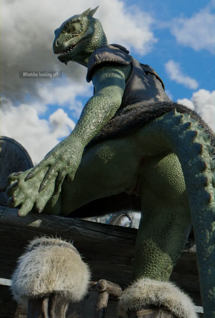 Image clothed,clothing,female,hi_res,looking_at_viewer,open_mouth,solo,standing,pussy,sweat,tail,orange_eyes,feet,teeth,anthro,text,anus,absurd_res,3d,genital_fluids,bodily_fluids,genitals,low-angle_view,claws,horn,partially_clothed,legwear,green_body,green_scales,reptile,scales,scalie,outside,scar,talking_to_viewer,spikes,armor,vaginal_fluids,blender_(software),bethesda_softworks,microsoft,the_elder_scrolls,tail_anus,lizard,argonian,blender_cycles,raised_leg,skyrim,blade,hand_on_foot,deeja,kvaseus