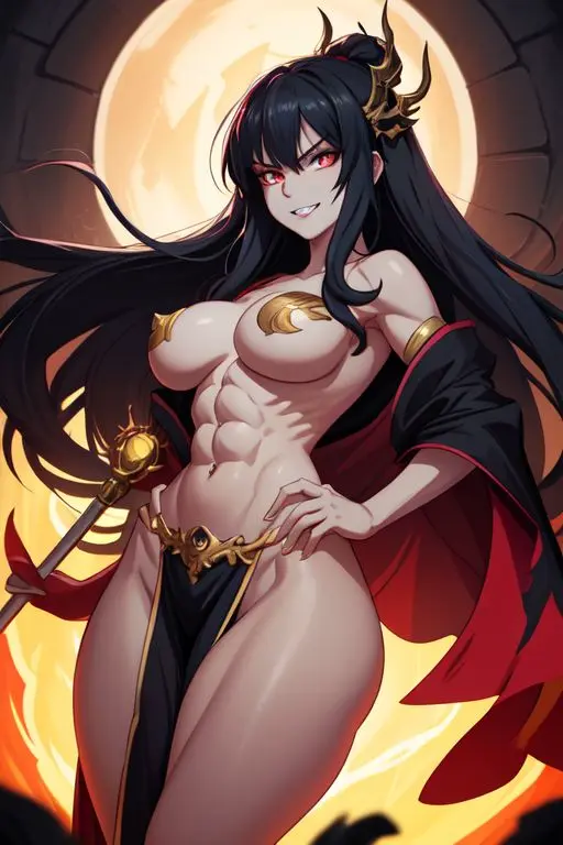 Image female,solo,muscular,ai_generated,pasties,anime,muscular_female,evil_grin,loincloth,gold_pasties