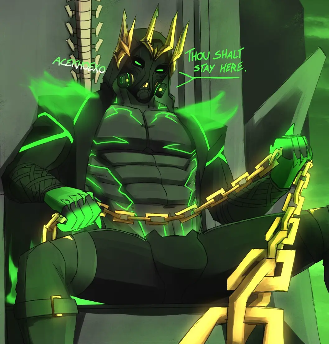 Image looking_at_viewer,solo,1boy,black_legwear,male,muscular,muscular_male,male_only,fortnite,green_eyes,sitting,looking_down,bulge,glowing_eyes,low-angle_view,claws,jacket,male_focus,solo_male,fortnite:_battle_royale,hood,boots,talking_to_viewer,chains,crown,black_clothing,green_clothing,looking_down_at_viewer,gas_mask,glowing_body,acekhoexo,hades,hades_(fortnite)