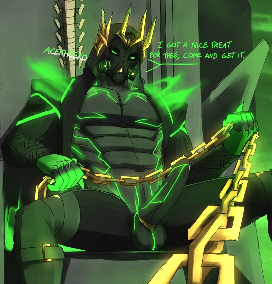 Image looking_at_viewer,solo,1boy,black_legwear,male,penis,big_penis,muscular,muscular_male,male_only,balls,fortnite,green_eyes,sitting,cock,looking_down,glowing_eyes,low-angle_view,claws,jacket,male_focus,solo_male,fortnite:_battle_royale,hood,boots,talking_to_viewer,chains,crown,black_clothing,green_clothing,looking_down_at_viewer,gas_mask,glowing_body,glowing_penis,acekhoexo,hades,hades_(fortnite),glowing_balls