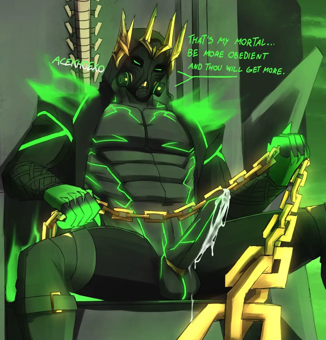 Image looking_at_viewer,solo,1boy,black_legwear,cum,male,penis,big_penis,muscular,muscular_male,male_only,balls,fortnite,green_eyes,sitting,cock,looking_down,glowing_eyes,low-angle_view,claws,jacket,male_focus,solo_male,dripping_cum,fortnite:_battle_royale,hood,boots,talking_to_viewer,chains,crown,black_clothing,green_clothing,cum_on_penis,looking_down_at_viewer,gas_mask,glowing_body,glowing_penis,acekhoexo,hades,hades_(fortnite),glowing_balls