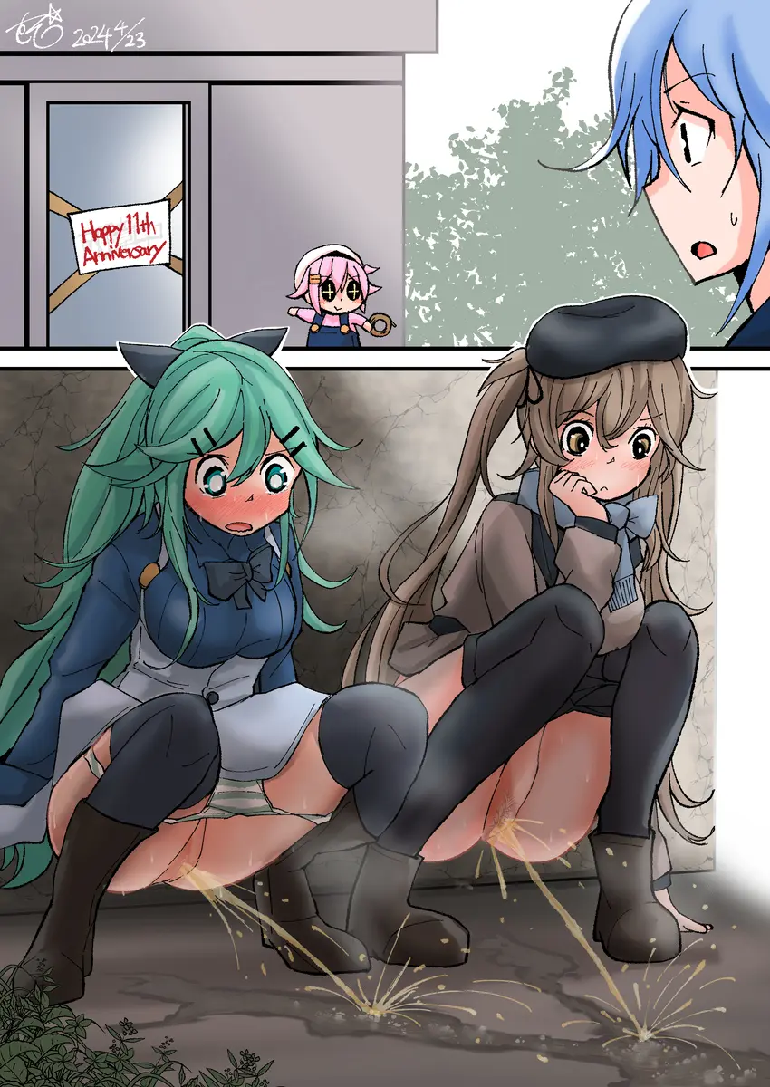 Image blush,female,2girls,blue_hair,multiple_girls,pussy,cat_ears,embarrassed,pink_hair,green_eyes,character_request,brown_hair,pubic_hair,green_hair,public,squatting,panty_pull,kantai_collection,beret,peeing,4girls,peeing_together,puddle,harusame_(kantai_collection),musou_bw