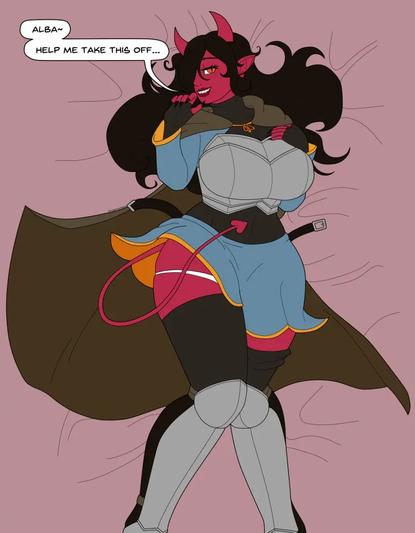 Image 1girls,female,female_only,long_hair,looking_at_viewer,solo,panties,solo_focus,tagme,pinup,demon_girl,demon_horns,presenting,red_skin,undressing,dressed,tiefling,athorment_oc,athorment,camilla_(joshn)