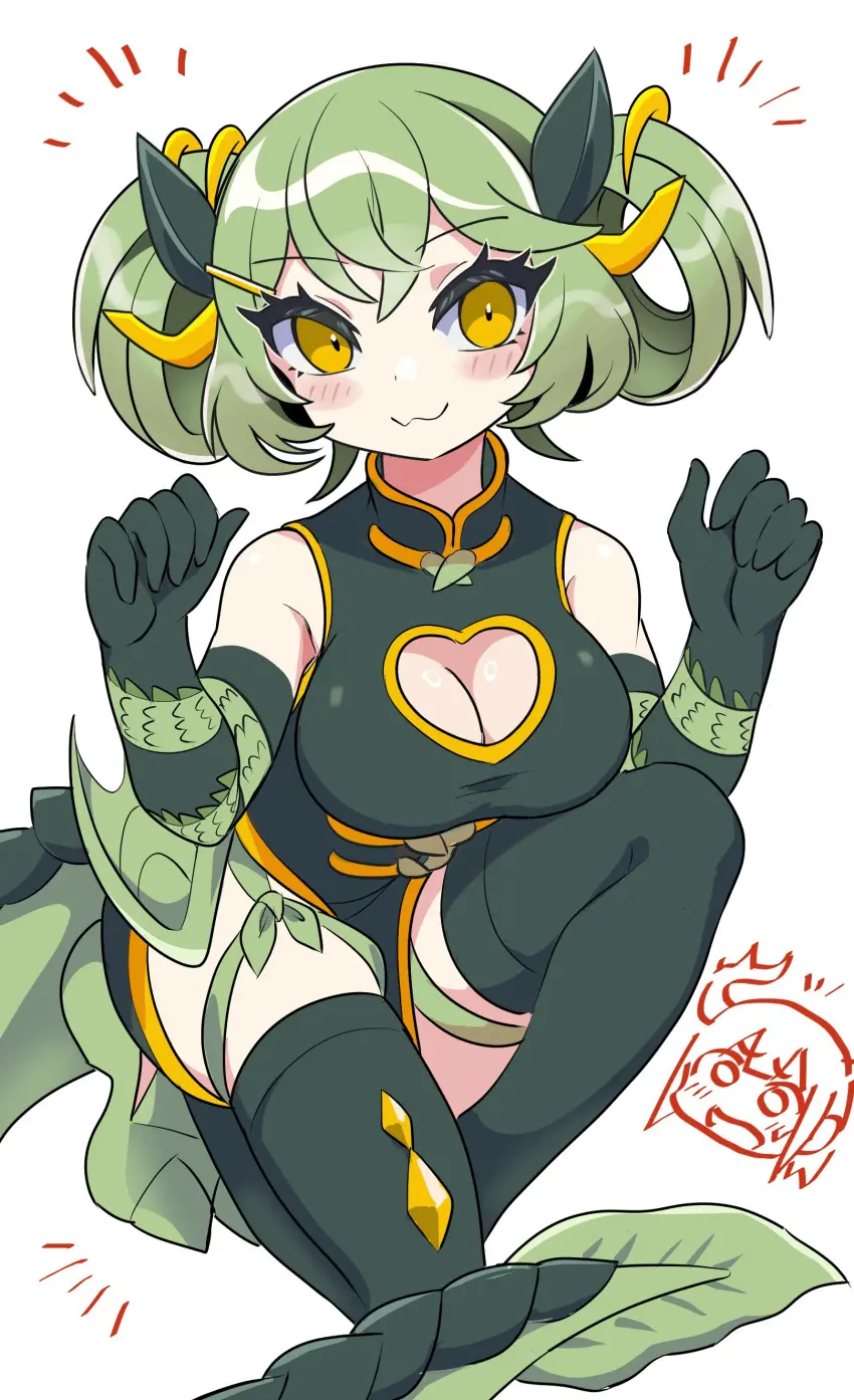 Image blush,breasts,female,female_only,large_breasts,light-skinned_female,light_skin,looking_at_viewer,smile,solo,white_background,gloves,short_hair,yellow_eyes,female_focus,cleavage,color,eyebrows,eyebrows_visible_through_hair,eyelashes,jewel,shoulders,solo_female,solo_focus,monster_girl,cleavage_cutout,dress,stockings,duel_monster,yu-gi-oh!,twintails,green_hair,sleeveless_dress,ribbon,alternate_breast_size,sleeveless,alternate_costume,:3,5_fingers,2024,crouching,green_gloves,dragon_girl,dragon_tail,thick_eyelashes,chinese_clothes,mouth_closed,thin_eyebrows,crouching_female,long_gloves,year_of_the_dragon,no_background,adapted_costume,chinese_new_year,green_dress,hands,on_one_knee,dragon_maid,dark_green_dress,dark_green_gloves,dragonmaid_series_(yu-gi-oh!),green_stockings,kitchen_dragonmaid,large_eyes,looped_braids,owo,parlor_dragonmaid,ribbon_around_thigh,wbsbism