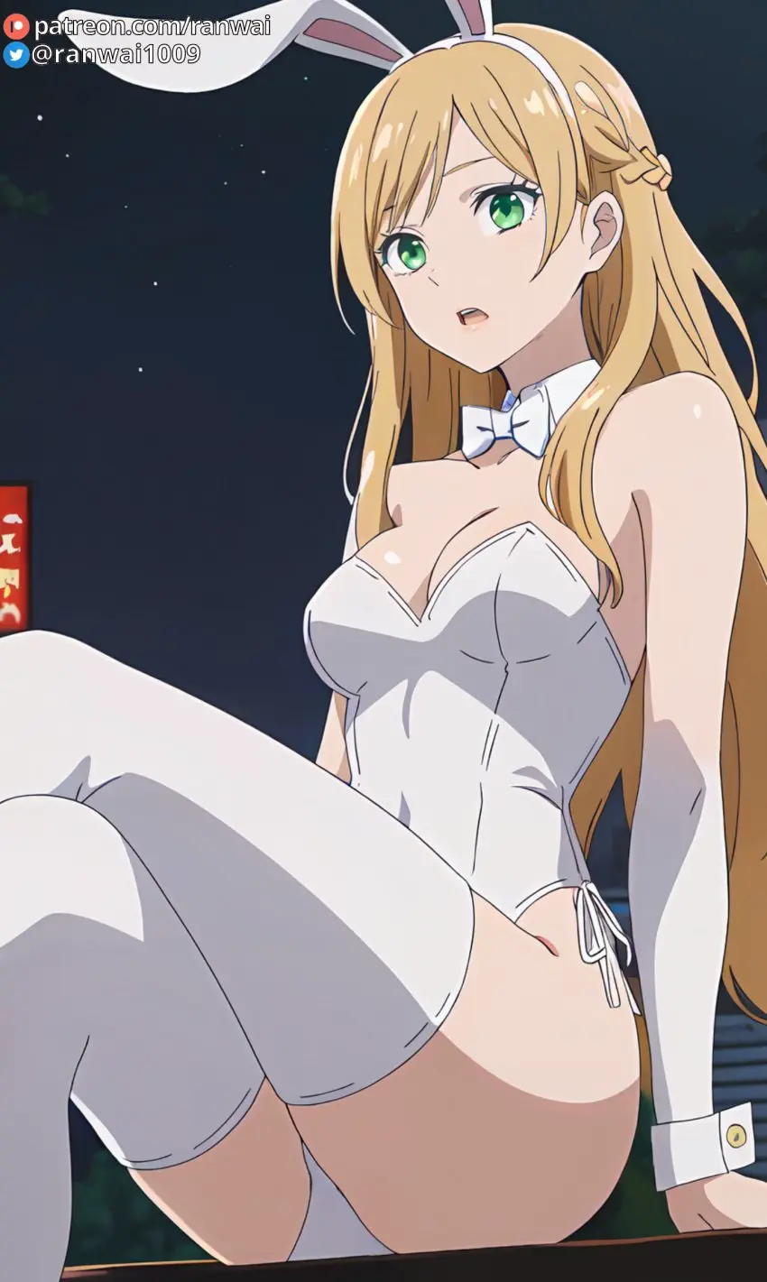 Image female,ai_generated,blonde_hair,green_eyes,stable_diffusion,sitting,bunny_girl,bunnysuit,anime,ranwai,kinoshita_akane,yamada-kun_to_lv999_no_koi_wo_suru