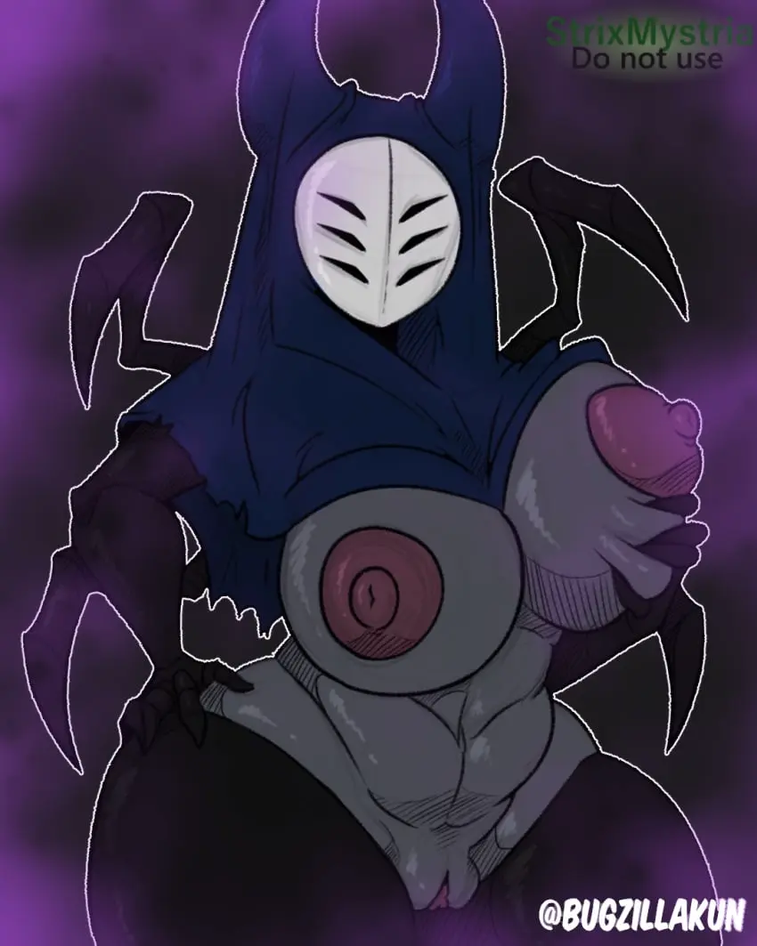 Image breasts,female,hi_res,looking_at_viewer,nipples,solo,standing,nude,pussy,thick_thighs,wide_hips,areola,anthro,text,mature_female,presenting,genitals,grey_body,arthropod,black_body,hollow_knight,horn,team_cherry,holding_breast,hood,fingers,multi_arm,multi_limb,arachnid,spider,multi_eye,2_horns,black_text,white_text,green_text,blue_hood,bugzilla,herrah,strixmystria