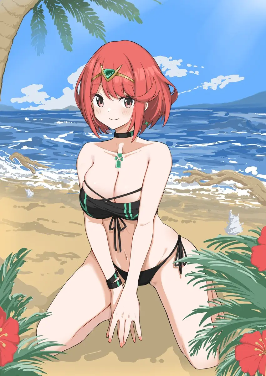 Image 1girls,breasts,female,large_breasts,looking_at_viewer,red_eyes,navel,short_hair,choker,red_hair,bikini,earrings,kneeling,beach,water,ocean,sky,midriff,swimsuit,nintendo,black_bikini,core_crystal,pyra,xenoblade_(series),xenoblade_chronicles_2,outside,side-tie_bikini,tiara,clouds,palm_tree,black_swimsuit,aotsuba,side-tie_swimsuit