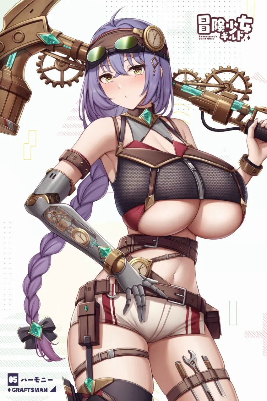 Image 1girls,breasts,female,large_breasts,looking_at_viewer,navel,thighhighs,yellow_eyes,ponytail,midriff,original,purple_hair,belt,shorts,thigh_strap,weapon,goggles,goggles_on_head,crop_top,white_shorts,short_shorts,braided_ponytail,steampunk,kannko_bokujou,paintcan,axe,robotic_arm,wrench,mechanical_arm,holding_axe,pouch,belt_pouch,black_crop_top,gears