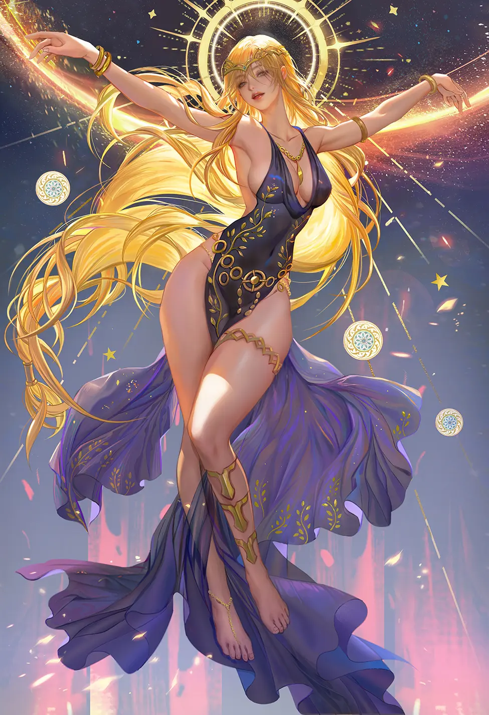 Image 1girls,big_breasts,breasts,female,female_only,very_long_hair,navel,thick_thighs,barefoot,milf,wide_hips,feet,cleavage,sideboob,blonde_hair,foot_fetish,nipple_bulge,no_nude,elden_ring,fromsoftware,queen_marika_the_eternal,painting_(artwork),fan_yang