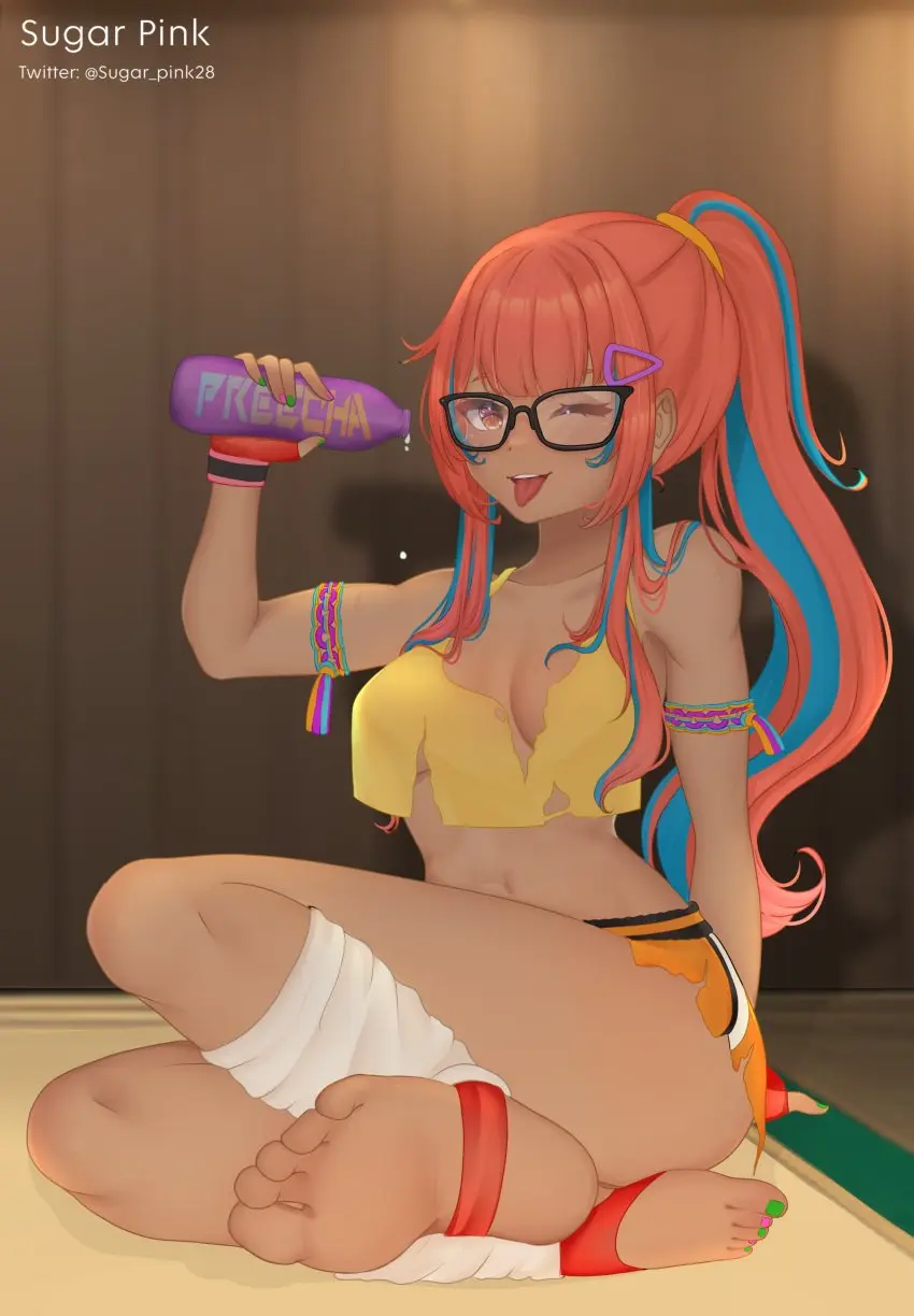 Image 1girls,female,female_only,long_hair,looking_at_viewer,blue_hair,tongue_out,female_focus,barefoot,multicolored_hair,feet,solo_female,solo_focus,glasses,pink_hair,alternate_version_available,soles,shorts,abs,painted_nails,drinking,fatal_fury,painted_toenails,leg_warmers,foot_wraps,colored_toenails,drinking_water,fatal_fury:_city_of_the_wolves,preecha_(fatal_fury),sugar_pink18_(artist)