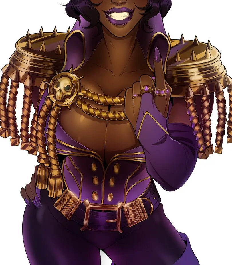 Image 1girls,big_breasts,breasts,female,female_only,smile,solo,white_background,dark_skin,cleavage,clothed_female,solo_female,uniform,purple_nails,warhammer_(franchise),warhammer_40k,purple_lipstick,tagme_(artist),beckoning,imperium_of_man,unseen_female_face,come_hither,masari_bonnefoy,rogue_trader,xashtar