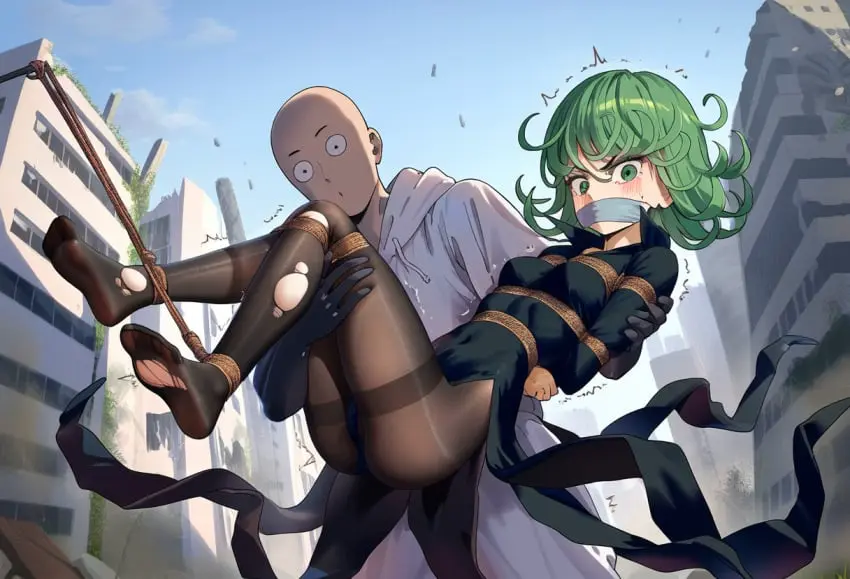 Image 1girls,female,1boy,male,ai_generated,green_eyes,green_hair,bondage,carrying,bald,one-punch_man,tatsumaki,gag,gagged,bound_ankles,arms_tied_behind_back,tape_gag,saitama,fxj2008