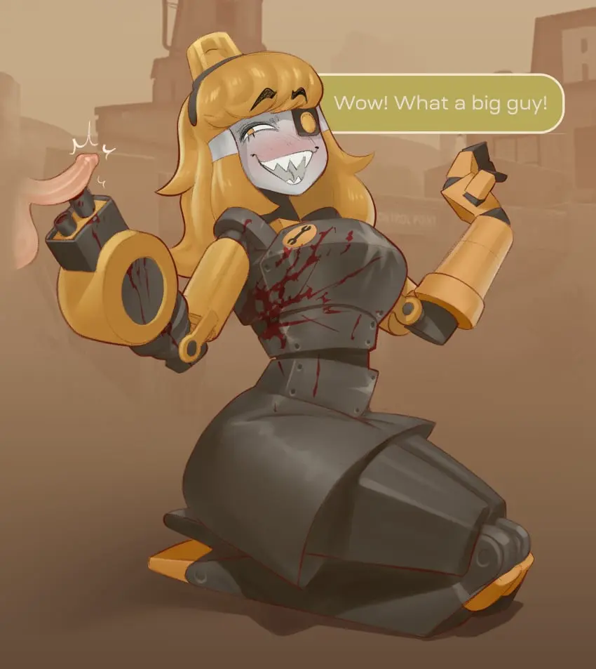 Image blush,female,long_hair,male,penis,straight,yellow_eyes,2d,text,cock,small_penis,dick,blood,sharp_teeth,dialogue,looking_at_penis,dialogue_box,robot,robot_girl,robot_humanoid,alternate_hair_color,threatening,alternate_version_at_source,small_penis_adoration,mr_fuga,aiming_weapon,team_fortress_2,valve,valve_(company),mimi_sentry,sentry_(team_fortress_2),sentry_turret,tf2,gun_play,threatening_with_weapon