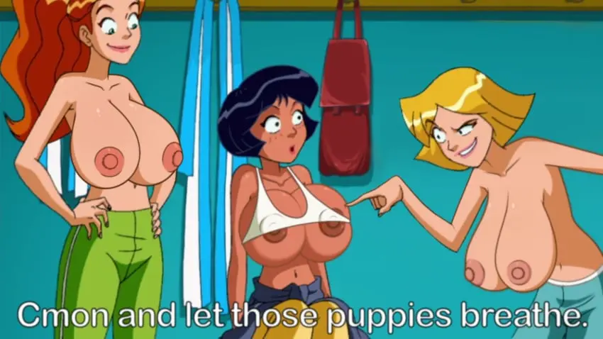 Image breasts,female,nipples,no_bra,multiple_girls,2d,alternate_version_available,english_text,edit,sagging_breasts,3girls,alex_(totally_spies),clover_(totally_spies),sam_(totally_spies),totally_spies,screenshot_edit,nerota