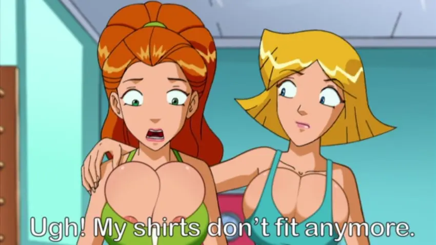 Image big_breasts,breasts,female,2girls,multiple_girls,cleavage,2d,alternate_version_available,english_text,edit,nipple_peek,clover_(totally_spies),sam_(totally_spies),totally_spies,screenshot_edit,nerota