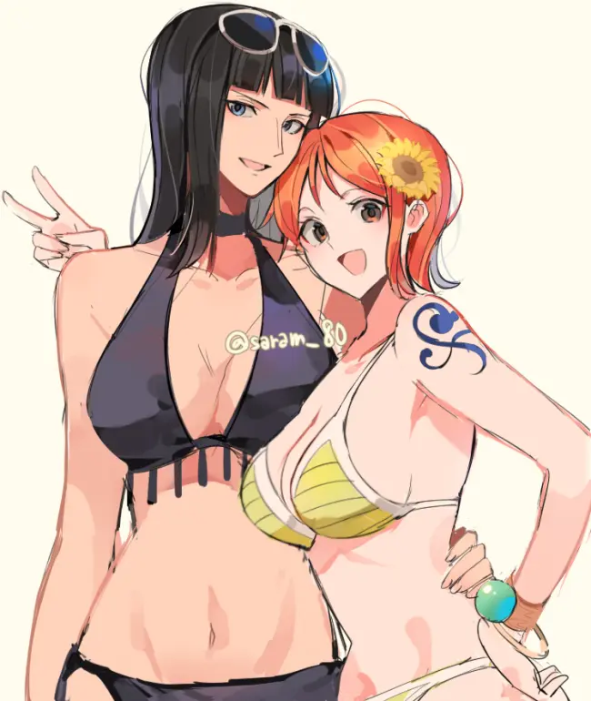 Image breasts,female,female_only,large_breasts,long_hair,looking_at_viewer,2girls,black_hair,blue_eyes,navel,short_hair,choker,bikini,one_piece,orange_eyes,milf,blue_tattoo,midriff,nami_(one_piece),orange_hair,tattoo,sunglasses_on_head,swimsuit,black_hair_female,arm_tattoo,shoulder_tattoo,black_bikini,hair_flower,bracelet,sunglasses,yellow_bikini,nico_robin,sunflower,black_swimsuit,orange_hair_female,yellow_swimsuit,pre-timeskip,joman,saram_80