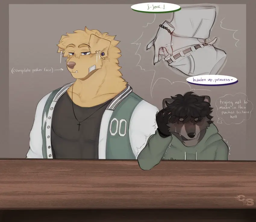 Image blush,clothed,clothing,hi_res,pants,black_hair,male,penis,sweat,sex,duo,muscular,muscular_male,anal,anal_sex,male/male,jewelry,hair,size_difference,anthro,pants_down,piercing,absurd_res,purple_eyes,necklace,small_penis,sweatdrop,penetration,bird_dog,bodily_fluids,canid,canine,canis,domestic_dog,fur,genitals,grey_body,grey_fur,hunting_dog,mammal,retriever,claws,yellow_body,yellow_fur,fingering,ear_piercing,jacket,bracelet,belt,partially_clothed,raccoon,school,stealth_masturbation,hoodie,furniture,animal_genitalia,animal_penis,bandage,topwear,gauged_ear,table,fingering_partner,cross_necklace,wood,floppy_ears,bottomwear,bottomwear_down,pink_nose,blushing_profusely,bandage_on_face,procyonid,cross,exhibitionism,snaggle_tooth,tremble_spikes,college,golden_retriever,wood_furniture,cerberussenn,hendery_sabine_(cerberussenn),holland_mcintyre_(cerberussenn),letterman_jacket,poker_face,raccoon_penis,wood_table