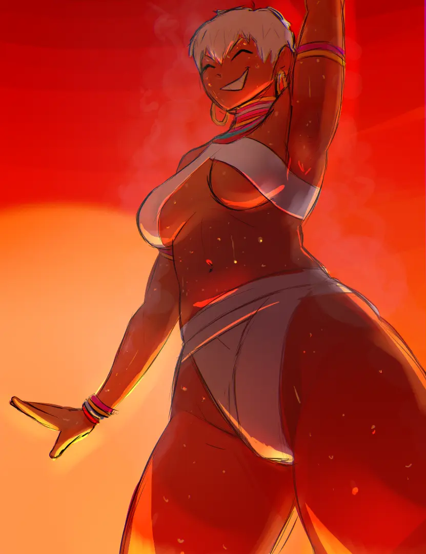 Image 1girls,breasts,female,white_hair,sweat,thighs,wide_hips,cleavage,dark-skinned_female,tomboy,wholesome,street_fighter,elena_(street_fighter),icantseehelp