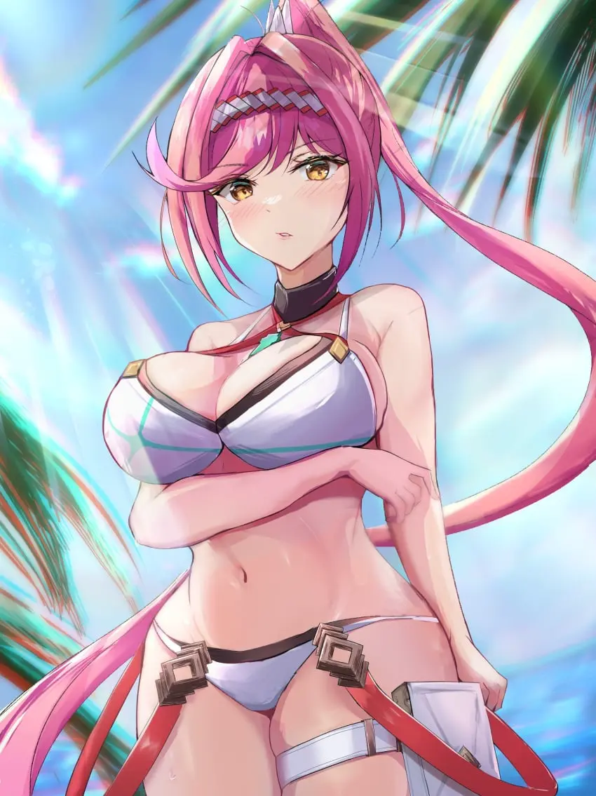 Image breasts,female,large_breasts,looking_at_viewer,navel,yellow_eyes,bikini,ponytail,beach,water,ocean,sky,hairband,midriff,pink_hair,swimsuit,nintendo,white_bikini,core_crystal,xenoblade_(series),outside,thigh_strap,clouds,xenoblade_chronicles_3,thigh_pouch,white_swimsuit,glimmer_(xenoblade),karuushi