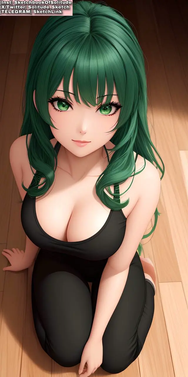 Image big_breasts,breasts,female,female_only,long_hair,shirt,bra,ai_generated,green_eyes,green_hair,on_knees,female_human,anime,leggings,black_clothing,anime_style,black_shirt,viewed_from_above,black_bra,ai_hands,black_leggings,soli_sketch,black_top,trousers,view_from_above