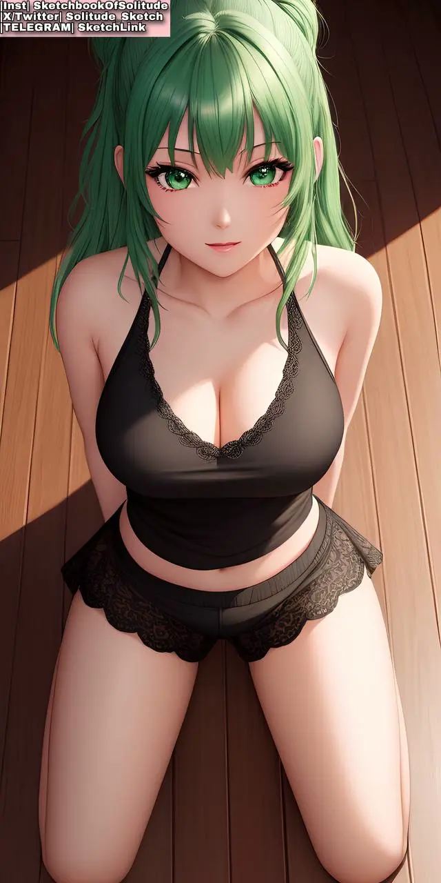 Image big_breasts,breasts,female,female_only,long_hair,bra,ai_generated,green_eyes,green_hair,black_shorts,on_knees,shorts,female_human,anime,black_clothing,anime_style,viewed_from_above,black_bra,ai_hands,soli_sketch,view_from_above,black_short_shorts