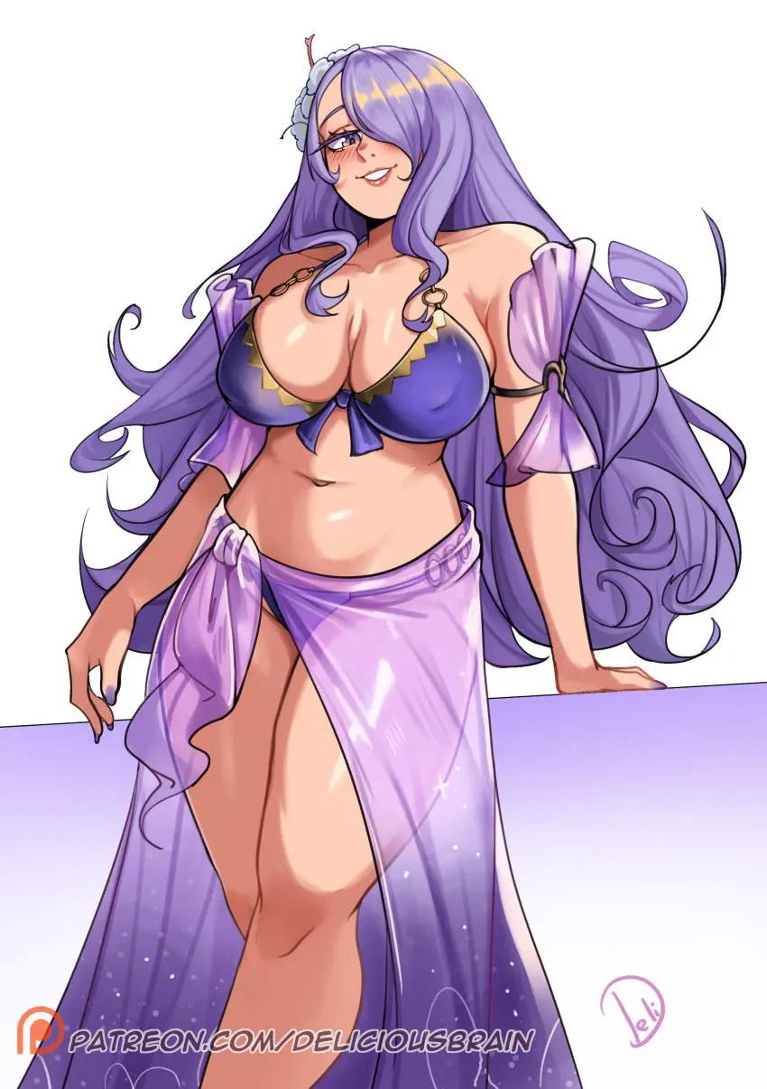 Image 1girls,breasts,female,female_only,highres,large_breasts,long_hair,looking_at_viewer,simple_background,smile,solo,standing,very_long_hair,white_background,absurdres,bikini,thighs,hair_over_one_eye,bare_shoulders,covered_nipples,grin,swimsuit,purple_eyes,purple_hair,nintendo,official_alternate_costume,alternate_costume,feet_out_of_frame,fire_emblem,fire_emblem_heroes,fire_emblem_fates,purple_bikini,sarong,camilla_(fire_emblem),deliciousbra,deliciousbrain,making-of_available