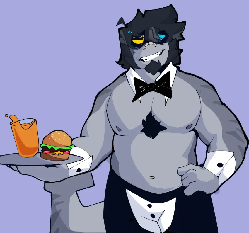 Image blue_eyes,male,yellow_eyes,muscular,smiling,hair,grey_body,grey_fur,pecs,fish,marine,shark,beard,waiter,hamburger,brock_(brockshark),brockshark,orange_juice