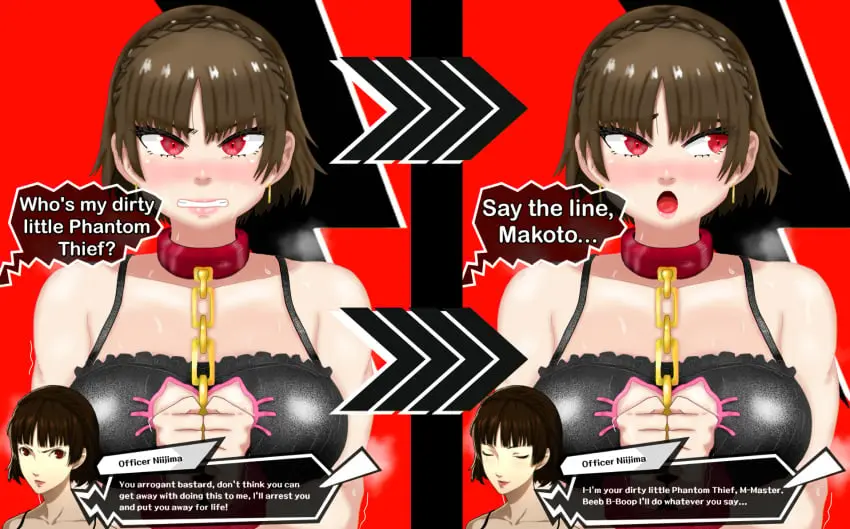 Image 1girls,blush,breasts,female,large_breasts,looking_at_viewer,red_eyes,short_hair,sweat,underwear,earrings,muscular,cleavage,collarbone,gold_(metal),headband,lingerie,aged_up,cleavage_cutout,wife_and_husband,brown_hair,sweatdrop,braid,2koma,comic,comic_page,restrained,collar,dialogue,steaming_body,motion_lines,english_text,bondage,steam,dialogue_box,sweating,sweaty,sweaty_body,wife,talking,persona,muscular_female,talking_to_viewer,chains,english,persona_5,toned,toned_female,police,instant_loss_2koma,red_background,petplay,muscular_arms,portrait,motion_outline,red_collar,toned_arms,official_art,black_bra,crown_braid,roleplay,cat_lingerie,handcuffed,handcuffs,policewoman,gold_chain,persona_5_royal,police_officer,instant_loss,makoto_niijima,visual_novel,pet_play,pet,cat_keyhole_bra,eddarxart,keyhole,keyhole_bra,lighting_bolt,pet_collar