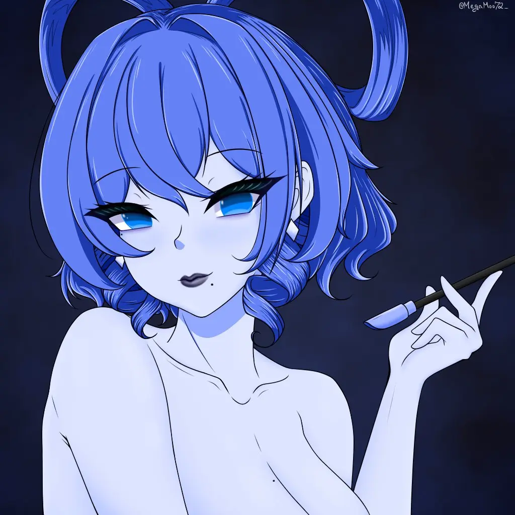 Image 1girls,breasts,female,looking_at_viewer,smile,solo,touhou,blue_eyes,blue_hair,nude,short_hair,earrings,artist_name,cleavage,nude_female,2d,tied_hair,mole,mole_on_breast,artist_signature,mole_under_mouth,black_lips,black_lipstick,implied_nudity,source,seiga_kaku,megamoo