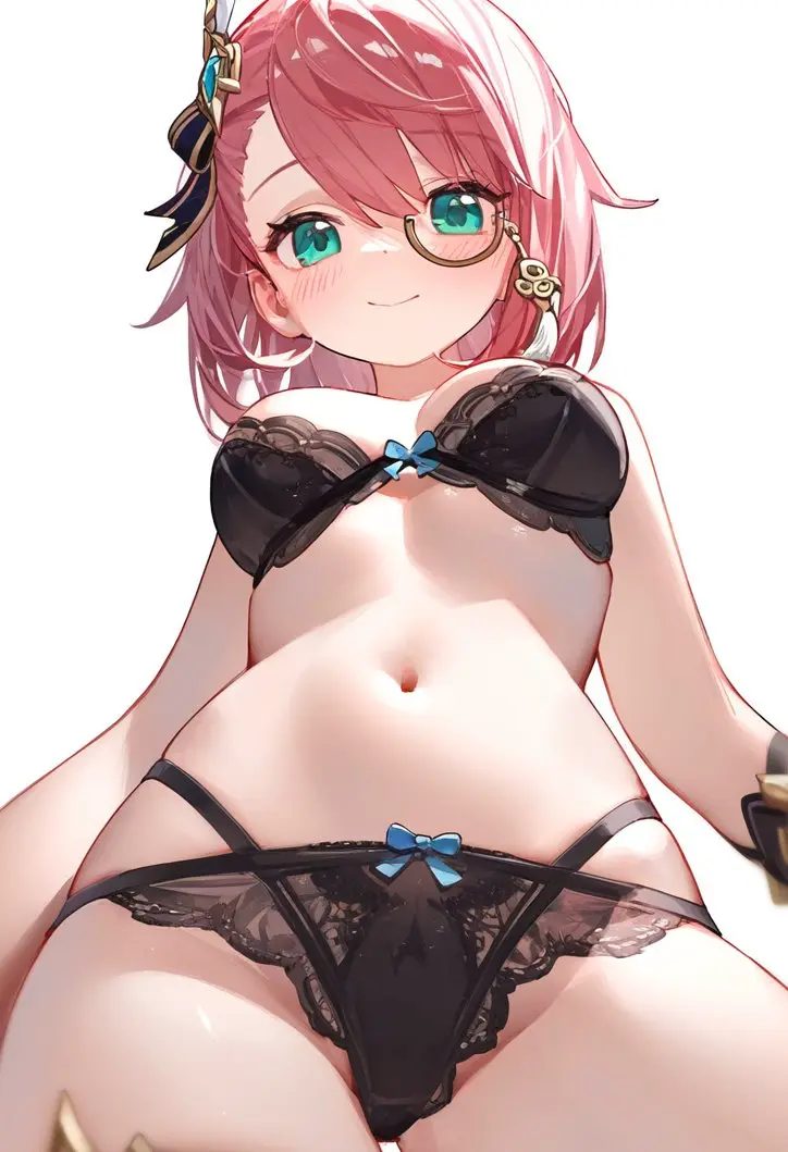 Image 1girls,blush,breasts,clothing,female,female_only,light-skinned_female,light_skin,looking_at_viewer,simple_background,smile,solo,standing,white_background,short_hair,bra,panties,underwear,female_focus,wide_hips,smiling,smiling_at_viewer,ai_generated,solo_female,pink_hair,green_eyes,medium_breasts,looking_down,genshin_impact,black_panties,hourglass_figure,low-angle_view,thong,legs_together,lowres,younger_female,hoyoverse,ai,black_bra,matching_underwear,monocle,charlotte_(genshin_impact),pixma