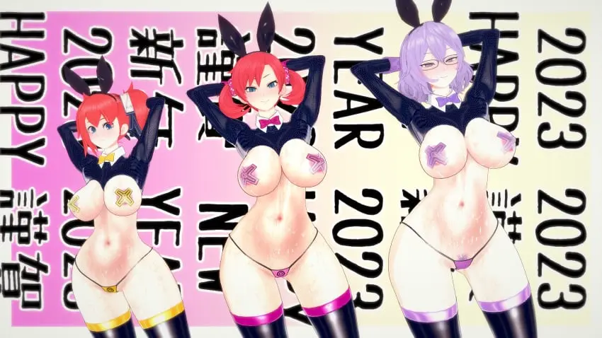 Image 2023,blush,breasts,female,female_only,large_breasts,light-skinned_female,light_skin,long_sleeves,looking_at_viewer,no_bra,smile,bangs,blue_eyes,short_hair,thighhighs,red_hair,bedroom_eyes,female_focus,thick_thighs,thighs,areolae,smiling_at_viewer,hands_behind_head,arms_behind_head,belly,belly_button,hair_accessory,mouth,glasses,gradient_background,text,purple_eyes,bunny_ears,bunny_girl,purple_hair,3d,scrunchie,alternate_breast_size,3d_(artwork),feet_out_of_frame,stomach,cross_pasties,pasties,white_collar,english_text,bunnysuit,3d_model,3girls,erect_nipples,eyes_half_open,asian,asian_female,japanese_text,digimon,sleeves,goggles,g-string,almost_naked,bowtie,black_thighhighs,nipple_pasties,reverse_bunnysuit,pupils,mouth_closed,wrist_cuffs,new_year,year,bowtie_collar,hair_tie,pink_bow,purple_thong,polka_dot,x_pasties,alternate_outfit,pink_thong,pupilless_eyes,yellow_bow,pink_bowtie,purple_pasties,yellow_bowtie,ami_aiba,apuri,black_bunny_ears,black_bunnysuit,digimon_story,digimon_story:_cyber_sleuth,mirei_mikagura,new_year_2023,nokia_shiramine,pink_hair_tie,pink_pasties,purple_bow,purple_bowtie,year_of_the_rabbit,yellow_g-string,yellow_pasties,yellow_thong