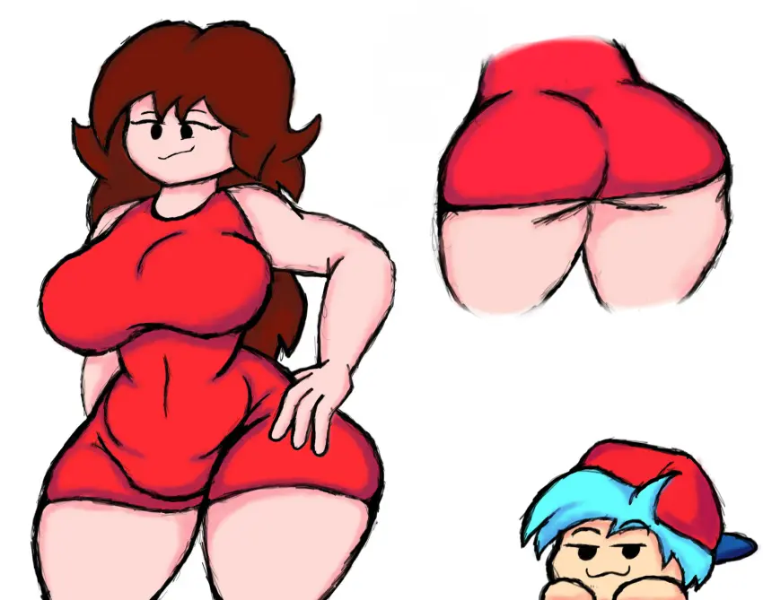 Image big_breasts,breasts,female,long_hair,smile,blue_hair,ass,big_ass,big_butt,thick_thighs,thighs,brown_hair,self_upload,tight_clothing,:3,big_thighs,back_view,butt,fnf,friday_night_funkin,girlfriend_(friday_night_funkin),boyfriend_(friday_night_funkin),velgyd,ass_peek
