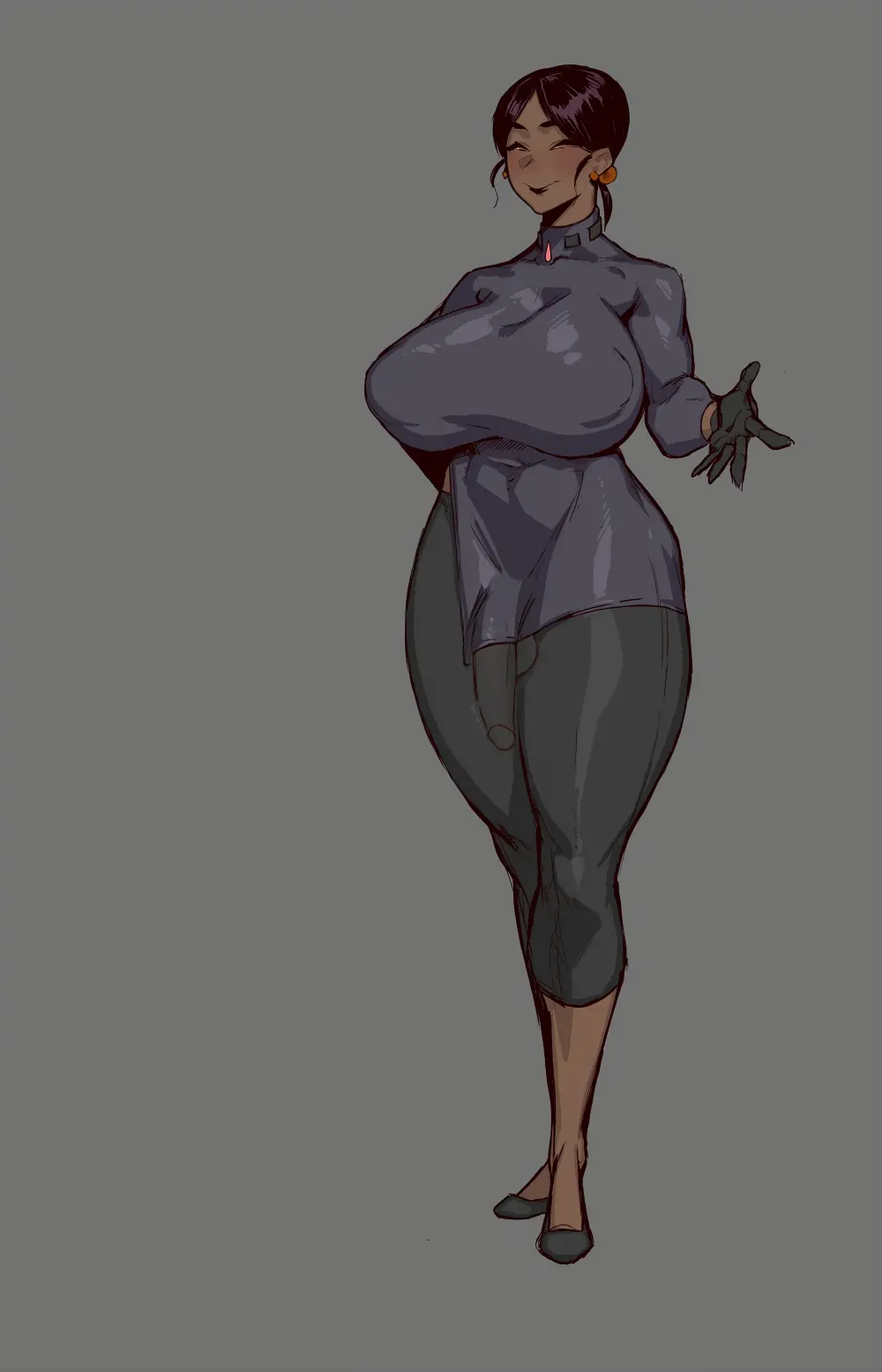 Image breasts,clothed,clothing,human,pants,smile,solo,standing,black_hair,gloves,penis,short_hair,big_penis,earrings,thick_thighs,1futa,erection,futanari,intersex,dark_skin,wide_hips,huge_breasts,futa_only,closed_eyes,bulge,edit,dark-skinned_futa,fully_clothed,third-party_edit,long_penis,jankojaro
