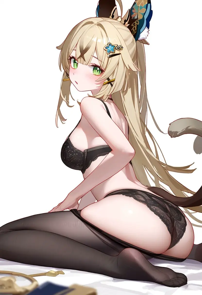 Image 1girls,breasts,female,female_only,light-skinned_female,light_skin,long_hair,looking_at_viewer,solo,bra,female_focus,catgirl,ai_generated,lingerie,side_view,solo_female,blonde_hair,green_eyes,medium_breasts,sitting,cat_tail,genshin_impact,hourglass_figure,thong,lowres,younger_female,pantyhose,sitting_on_floor,hoyoverse,ai,pantyhose_down,pixma,kirara_(genshin_impact)
