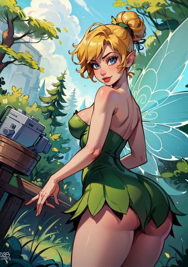 Image 1girls,female,solo,blue_eyes,ass,disney,female_focus,ai_generated,wings,blonde_hair,pointy_ears,miniskirt,jpeg,forest,nature,ai_hands,camera,fairy,fairy_wings,tinker_bell,disney_fairies